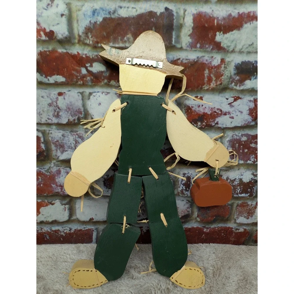 Vintage Hand Painted Wood Scarecrow Wall Hanging Jointed Primitive Fall Decor